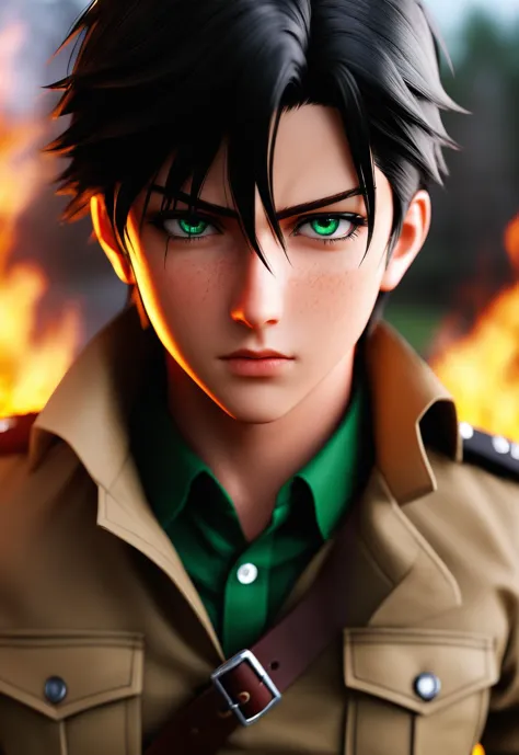 a close up of a person wearing a uniform and green eyes