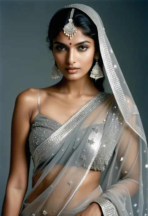 a woman in a sari and jewellery poses for a photo