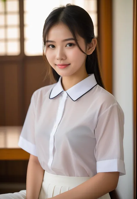 a close up of a woman in a white shirt and skirt