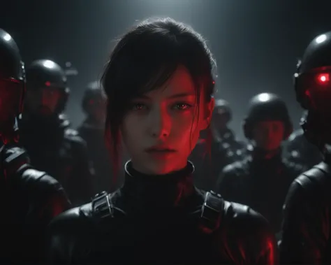 a woman in a black leather outfit stands in front of a group of soldiers