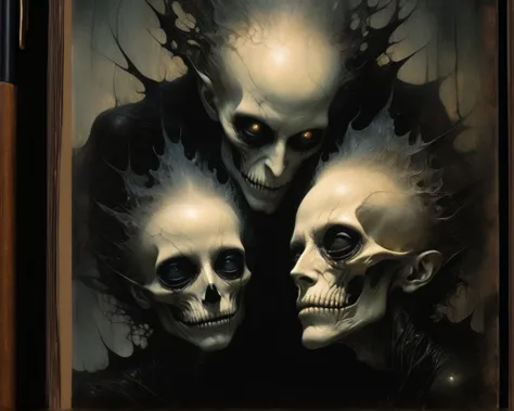 there are three skulls that are standing next to each other