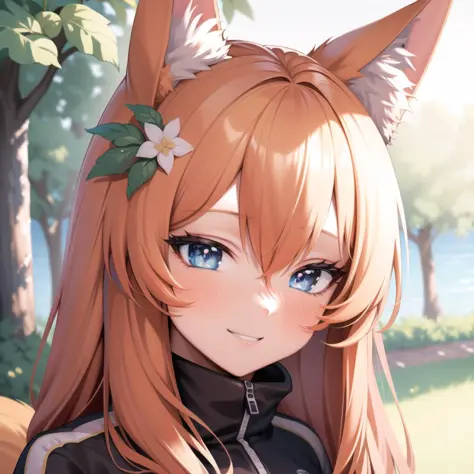 masterpiece, high detail, 8K quality, grainy image, oil painting, perfect face, reflections, glare, high-quality eyes, black pupils, detailed face, park, sunny day, tracksuit, summer, camera remote, full-length view, orange hair, fox ears, smile on face, blue eyes, <lora:mariBlueArchive_v5b:1>