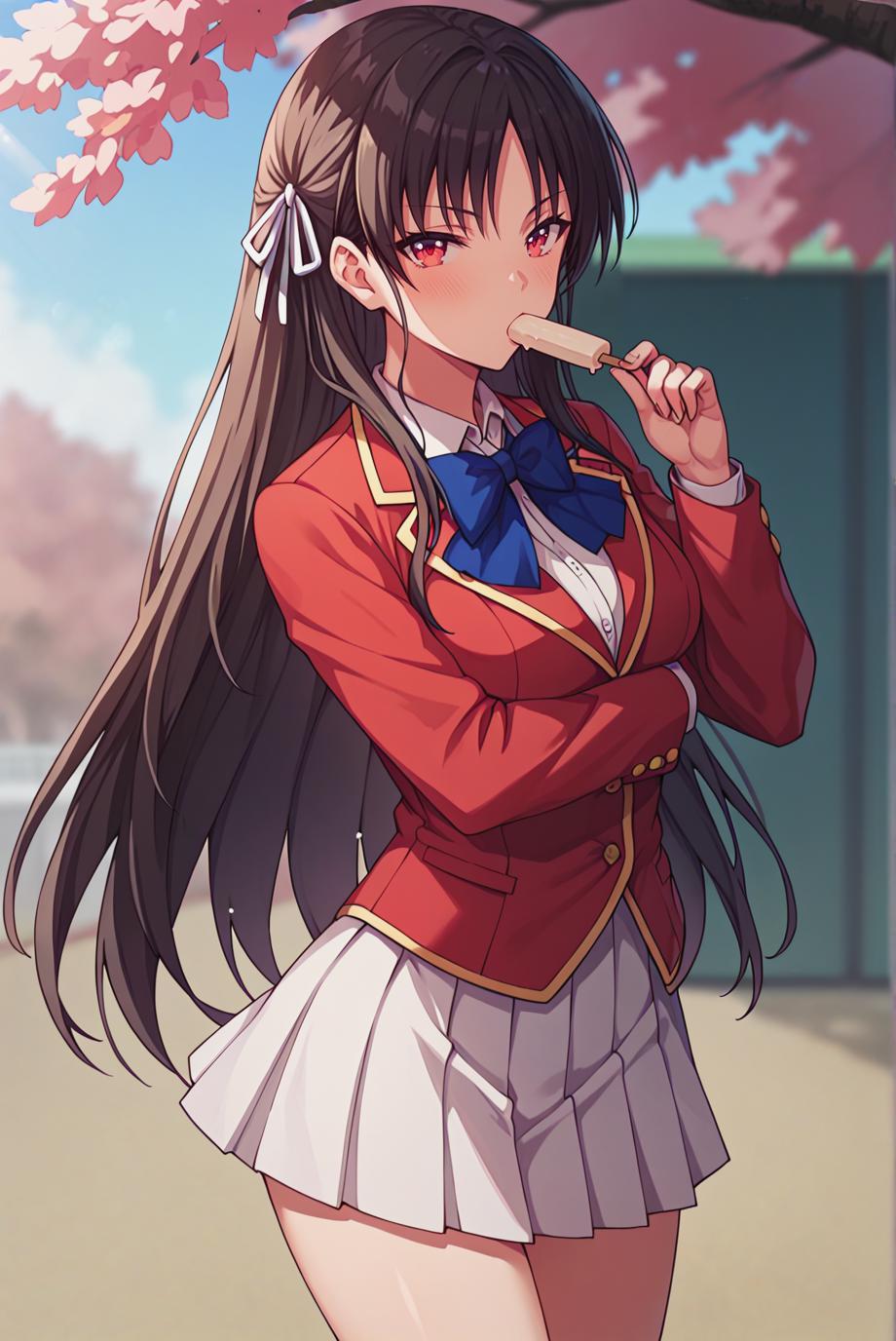 Anime girl in a red jacket and white skirt with long hair - SeaArt AI