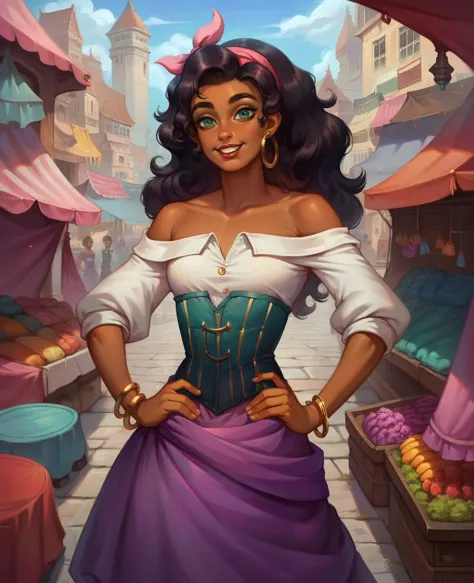 zPDXL, 1girl, 
esmeralda, dark skinned woman, lipstick, green eyes, earring, bracelet, hair ribbon, white shirt, off shoulder, purple skirt, corset, looking at viewer, smiling, standing, hands on hips, outside, city, market, overcast,  
<lora:esmeralda:.8><lora:Oil Gothic Painting Style SDXL_LoRA_Pony Diffusion V6:.9>