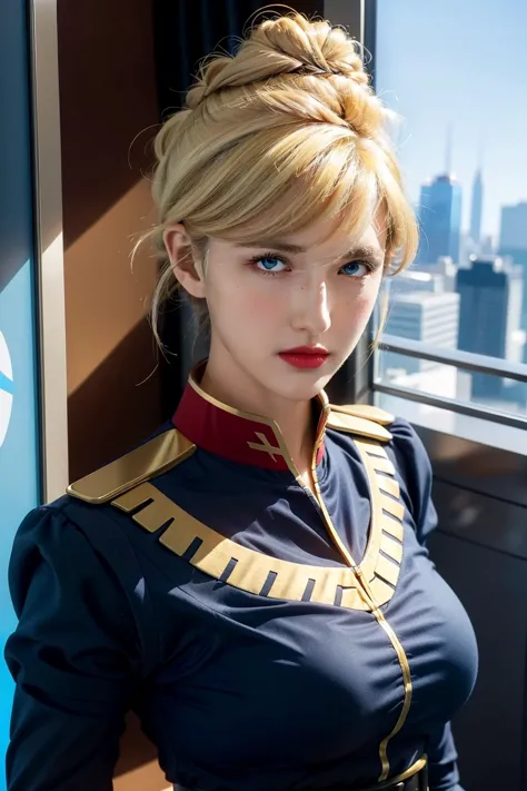 (night),high rise hotel, windows,cityscape, city lights, 
dynamic pose, standing at attention,
Blue_military_uniform,pantyhose, a uniform with gold trims and a collar,shirt,belt,
<lora:Cynthia_08_Gundam-KK77-V1:0.7>,
blonde hair,blue eyes,lipstick, Bangs,Hair_bun,
,<lora:more_details:0.1>,
1 girl, 20yo,Young female,Beautiful long legs,Beautiful body,
Beautiful Nose,Beautiful character design, perfect eyes, perfect face,expressive eyes,perfect balance,
looking at viewer,closed mouth, (innocent_big_eyes:1.0),(Light_Smile:0.3),
official art,extremely detailed CG unity 8k wallpaper, perfect lighting,Colorful, Bright_Front_face_Lighting,White skin,
(masterpiece:1.0),(best_quality:1.0), ultra high res,4K,ultra-detailed,
photography, 8K, HDR, highres, absurdres:1.2, Kodak portra 400, film grain, blurry background, bokeh:1.2, lens flare, (vibrant_color:1.2),professional photograph,
(Beautiful,huge_Breasts:1.0), (beautiful_face:1.5),(narrow_waist),