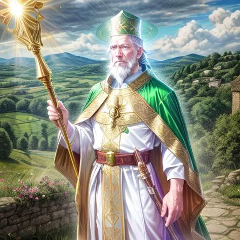 Saint Patrick, old irish man, long curly white beard, blue eyes, determined, glowing body, golden aura, standing on hill, gold green and white robes, clover pattern robes, green flower print, gold trimmed green pope hat, bathed in holy light, holding staff, staff with equal sign ornament, holding hand in the air, beautiful landscape, medieval village in distance, rain, lightning <lora:glowing_body:1.5> face focus <lora:more_details:0.8>