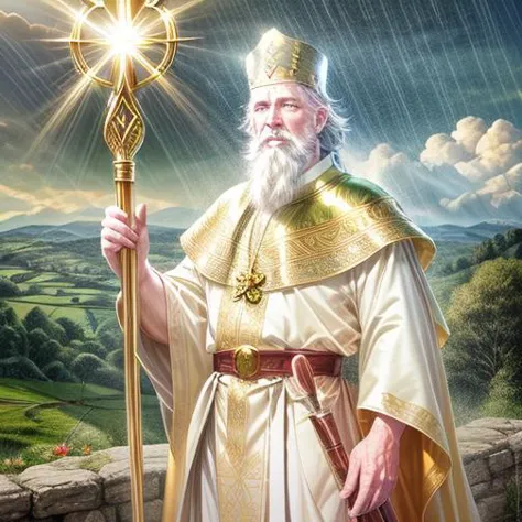 Saint Patrick, old irish man, long curly white beard, blue eyes, determined, glowing body, golden aura, standing on hill, gold green and white robes, clover pattern robes, green flower print, gold trimmed green pope hat, bathed in holy light, holding staff, staff with equal sign ornament, holding hand in the air, beautiful landscape, medieval village in distance, rain, lightning <lora:glowing_body:1.5> face focus <lora:more_details:0.8>