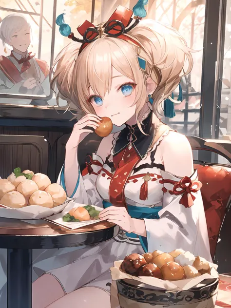 anime girl eating a donut at a table with a plate of food