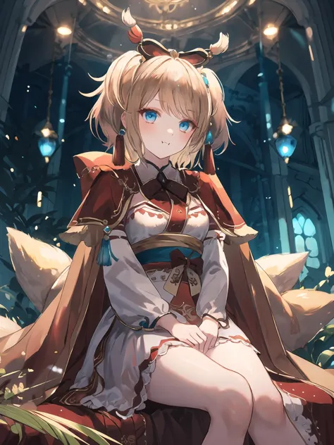 masterpiece,best quality,highres,cinematic lighting,dramatic angle,<lora:ResplendentPhoenixV1:0.8:lbw=jiangshi3>,1girl,light blonde hair,blue eyes,twintails,short hair,capelet,hair ornament,bowtie,tassel,jewelry,ribbon,white and red dress,frills,sash,detached sleeves,arms crossed,crossed arms,sitting,legs crossed,pout,<lora:å¼ºå åå´Concept_Pout:0.7>,looking at viewer,blush,shy,happy