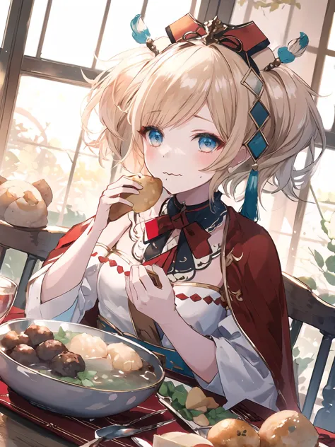 anime girl eating a meal at a table with a window in the background