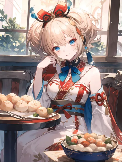 anime girl sitting at a table with a plate of food