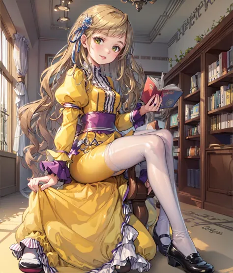 a woman in a yellow dress sitting on a chair reading a book