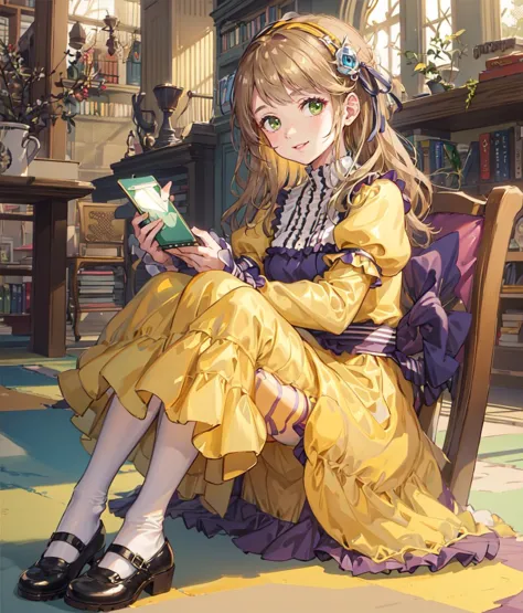 anime girl sitting on a chair reading a book in a library