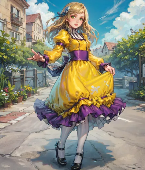 a woman in a yellow dress is walking down a street