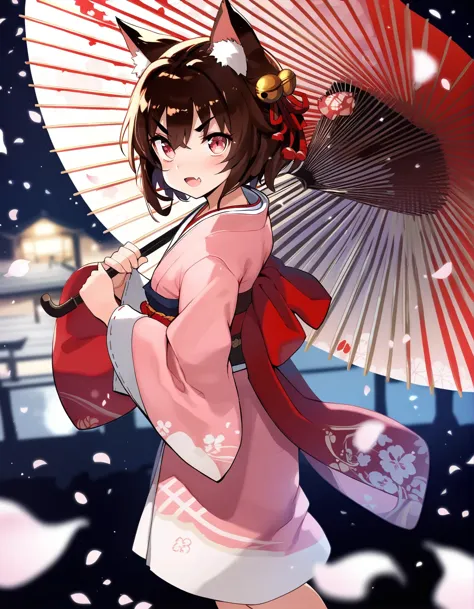 anime girl in kimono outfit holding an umbrella and a fan