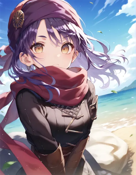 a woman with purple hair and a scarf standing on a beach