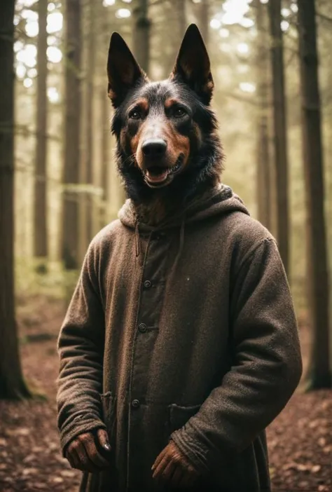 a dog wearing a hoodie standing in the woods