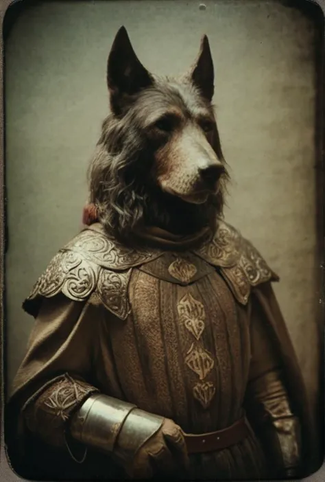 a close up of a dog wearing a costume with a collar