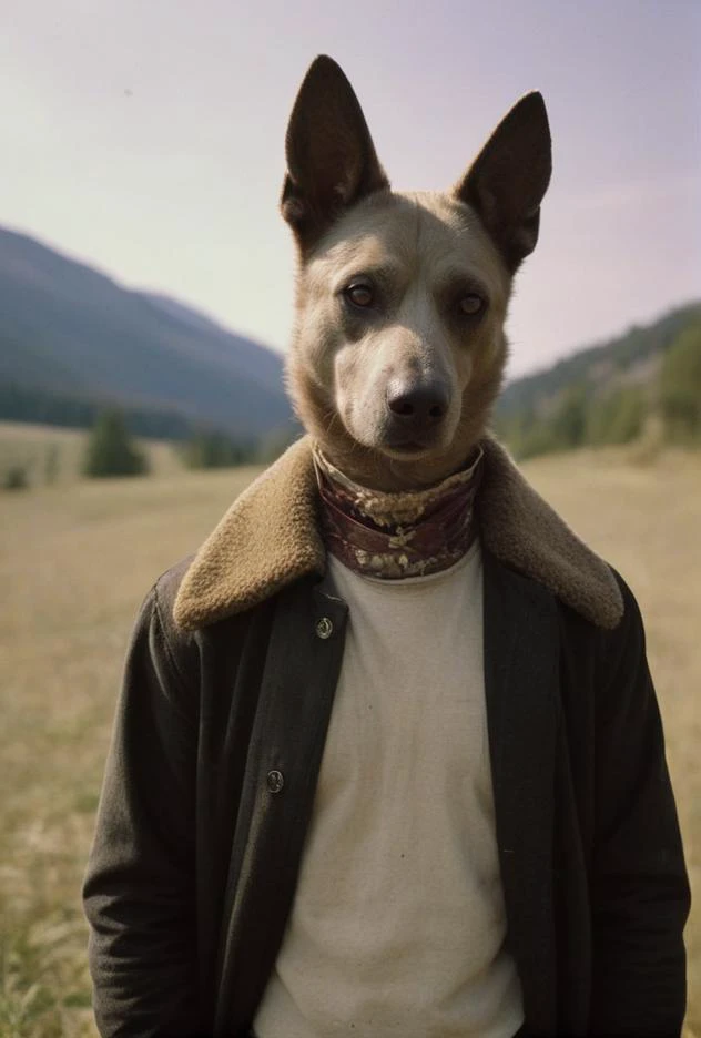 ((spektakuläres analoges Farbfilmfoto eines Hundemenschen mit Hundekopf auf einem Männerkörper))((Christoph, hundeköpfiger Heiliger)(mittelalterlicher Mandog Hund-Mensch-Hybride Canid Cynocephalus))
RAL-Belichtung 
 