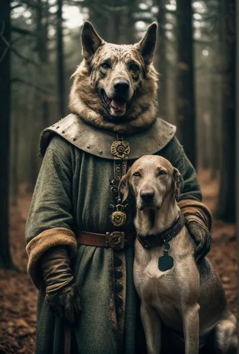 a close up of a dog and a person in a costume