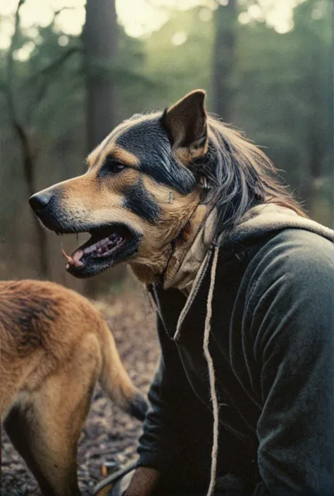 ((spectacular analog color film photo of dogman with dog head on man body))((Christopher, dogheaded saint)(medieval mandog canin...