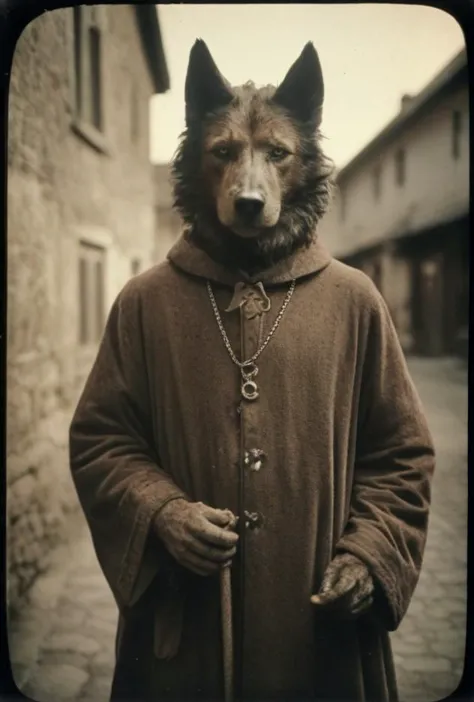 a close up of a person in a costume with a dog on his head