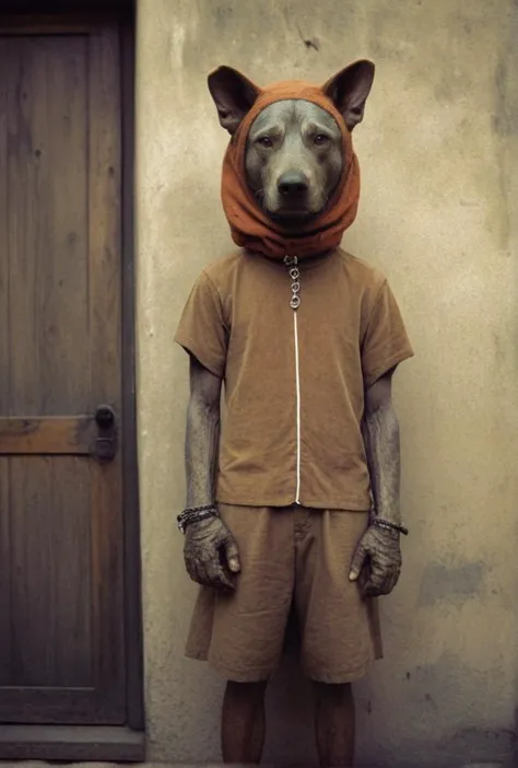 arafed man in a brown shirt and shorts with a dog mask on