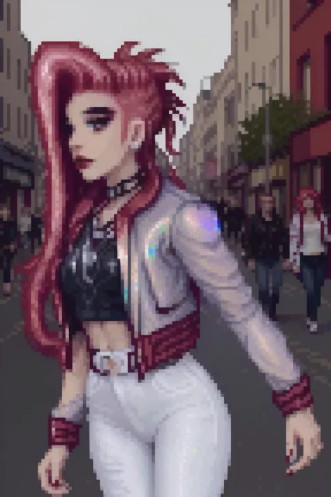 a woman with red and white hair, bce, wearing a holographic jacket, white crop top, white jeans, walking down a busy street