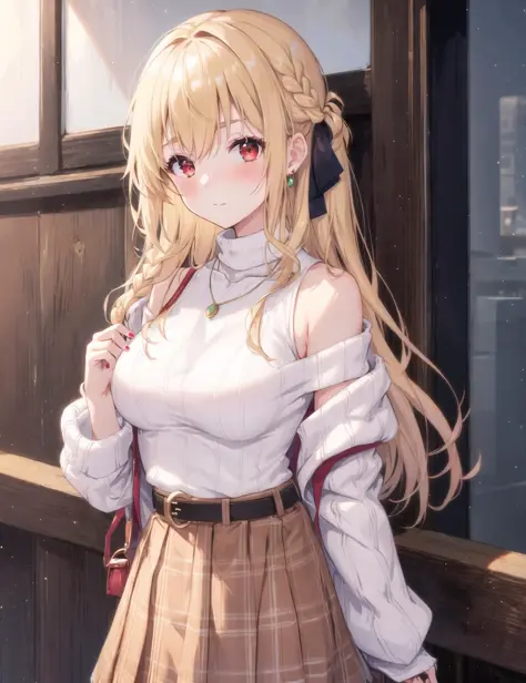 1girl, breasts, skirt, solo, plaid, red_eyes, bare_shoulders, long_hair, blonde_hair, plaid_skirt, looking_at_viewer, large_breasts, jewelry, sleeveless, jacket, turtleneck, closed_mouth, blush, sweater, nail_polish, bangs, long_sleeves, ribbed_sweater, belt, sleeveless_turtleneck, necklace, eyebrows_visible_through_hair, braid, hand_up, ribbon, white_sweater, off_shoulder, sidelocks, hair_ribbon, high-waist_skirt, masterpiece, best quality,best quality, highres, original, extremely detailed wallpaper