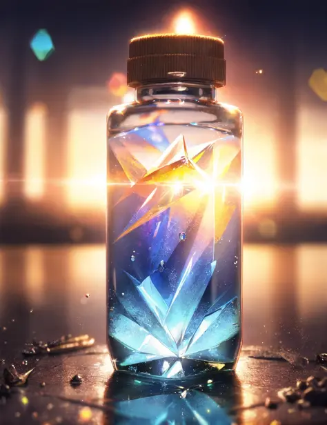 bottle, water, diamond , crystal,, ray tracing, Tyndall effect, depth of field, blurry background, blurry foreground, light part...