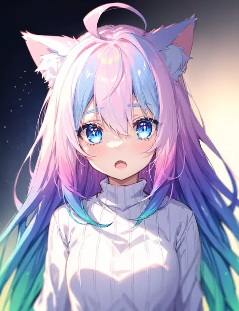 1girl, solo, cat ears, multicolored hair, ((gradient hair), white+(blue)+(pink:0.5) hair//), very long hair, messy hair, bangs, ahoge, ((gradient eyes), pink+light_blue eyes//), slit pupils, glowing eyes, 1fang,
:o,
white sweater,, masterpiece, best quality,