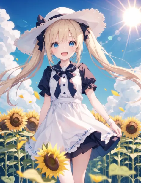 cute little girl,,solo,wind,pale-blonde hair, blue eyes,very long twintails,white hat,blue sky,laugh,double tooth,,lens flare,dr...