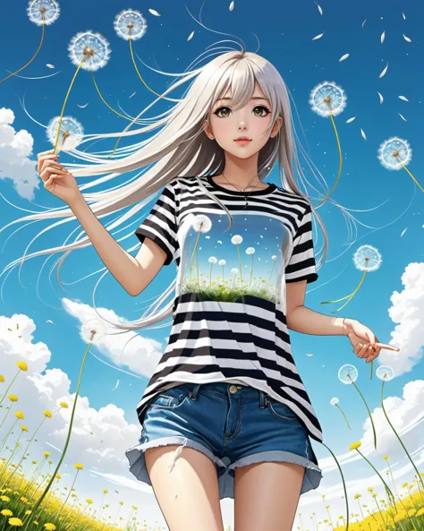 a girl with long hair and a striped shirt is standing in a field of flowers