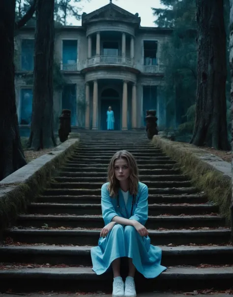 Doctor Sleep ordinary 18 year old girl sitting on stairs of an abandoned villa of georgian age. blood on hands, surrounded by large dark trees. ominous mood, as if a murder were about to happen.
highly detailed, high budget, bokeh, cinemascope, moody, epic, gorgeous,   blue eyes, perfecteyes,  (cute a and cinematic futuristic and view view and very god video a:1.1), beautiful delicate delighting girl from golden detailed planet phobos,
a trending city photo of unreal universe depiction,  (Intricate, abstract, patterns), meditative, highly detailed patterns, Trending on Artstation, Dramatic background by John berkey, , Horror, supernatural, The Shining sequel, highly detailed