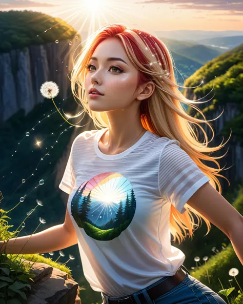 (anime style),  2D, sketch,
long hair, two tone hair, red and blonde hair, hair Wicks, long lashes, (dynamic angle). The girl is on the edge of a cliff and behind you can see a valley with a lush forest. The sun is setting and emits very long and warm rays,  lens flare, shine, Detailed cloud, Glowing, Glowing aura, (professional lighting:1.3), dew drops on her skin,  t-shirt, see-through, striped top, long shirt, croptop,
dandelion seeds floating in the air