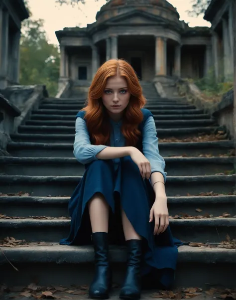 a woman sitting on a set of stairs in front of a building