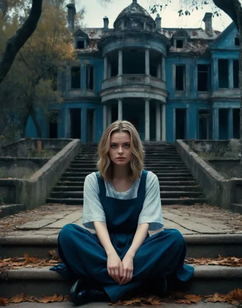 a woman sitting on the steps of a large blue house