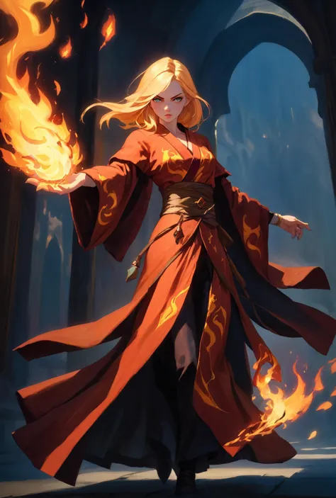 a woman in a red robe holding a fire ball