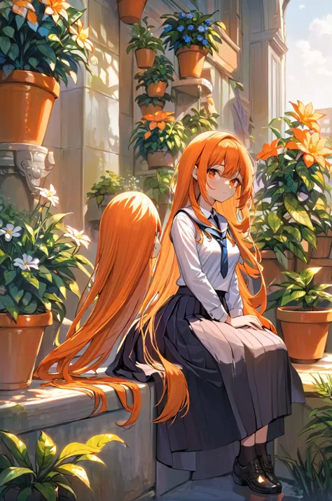 (masterpiece, best quality), 1girl,Sitting , Orange long hair, Flowerpots, collared shirt, skirt