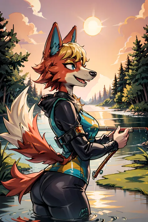 <lora:audie-v1-768:1> audie, sunglasses, wolf girl, orange body/fur, wolf ears, blonde hair, short hair, yellow eyeshadow, ((snout)), wolf tail, ((furry)), bright, sun, (((fishing))), pond, pontoon, happy, (((fishing gear))),