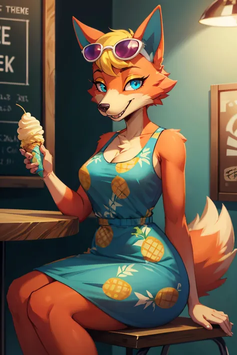 audie, furry female, anthro, wolf girl, sunglasses, pineapple dress, wolf tail, looking at viewer, smiling, teeth, sitting, behind a table, inside ice cream parlor, holding ice cream, playful ambiance, high quality, masterpiece, <lora:audie-v1-768:.8>