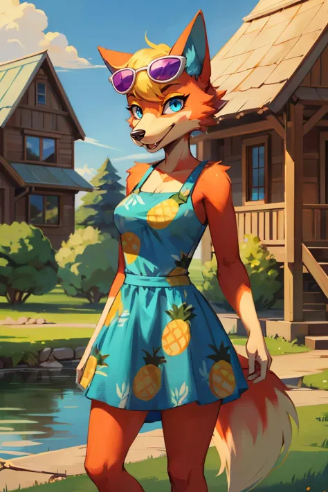 audie, furry female, anthro, wolf girl, sunglasses, pineapple dress, wolf tail, looking at viewer, serious, smiling, standing, outside, field, flowers, river, house, blue sky, high quality, masterpiece, <lora:audie-v1-768:.8>