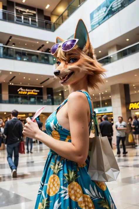 audie, furry female, anthro, blue eyes, wolf girl, sunglasses on head, pineapple dress, wolf tail, looking at viewer, smiling, medium shot, inside mall, crowd, holding shopping bag, bright lighting, high quality, masterpiece, <lora:audie-v1-768:.9>