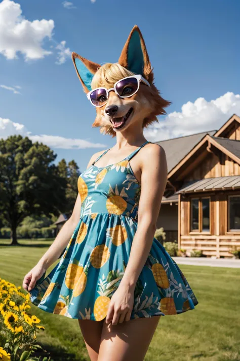 audie, furry female, anthro, wolf girl, sunglasses, pineapple dress, wolf tail, looking at viewer, serious, smiling, standing, outside, field, flowers, river, house, blue sky, high quality, masterpiece, <lora:audie-v1-768:.8>