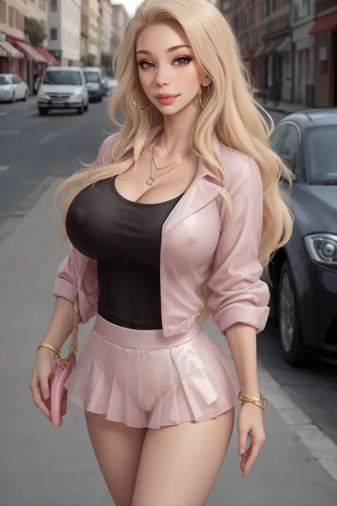 realistic photo of bimbo woman walking in a parking lot  fake tits,big breast implants,enormous lips,bimbo lips,(skirt:1.2),jewelry,necklace,bracelets,earrings,wide hips,breast bigger than head,wide eyes,
blonde hair,twin tails,thigh highs,button down blou...