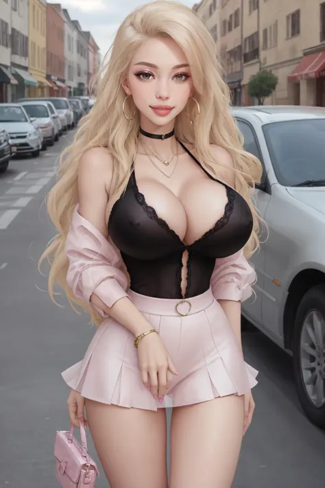 realistic photo of bimbo woman walking in a parking lot  fake tits,big breast implants,enormous lips,bimbo lips,(skirt:1.2),jewelry,necklace,bracelets,earrings,wide hips,breast bigger than head,wide eyes,
blonde hair,twin tails,thigh highs,button down blou...