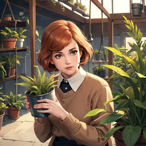 (best quality, ultra detailed), (detailed background:1.2), (perfect face, detailed face), (light rays, mature female:1.4), janecourt, 1girl, orange hair,(solo), brown eyes, medium breasts, (brown sweater), collared shirt, black pants, holding watering can, hanging plant, plant, potted plant, flower pot, venus flytrap, fern, indoors, greenhouse,  scenery, sunlight, volumetric lighting, soft lighting, light particles, dramatic, sunset, <lora:JaneCourt_v1:0.75>,