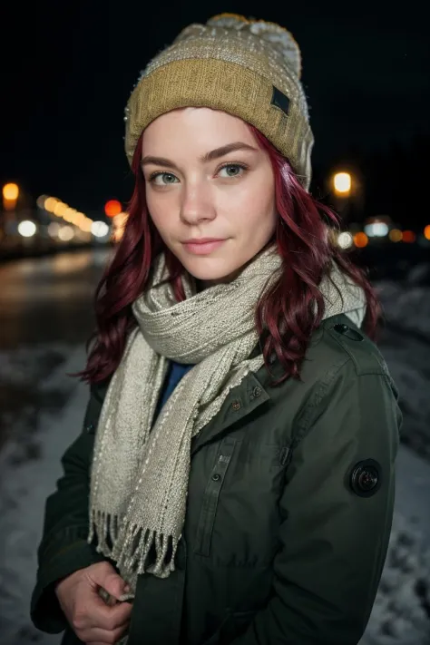 medium shot realistic photo of jessie, wearing a parka, wearing a scarf, wearing a beanie, covered up, highly detailed, 8k, phot...