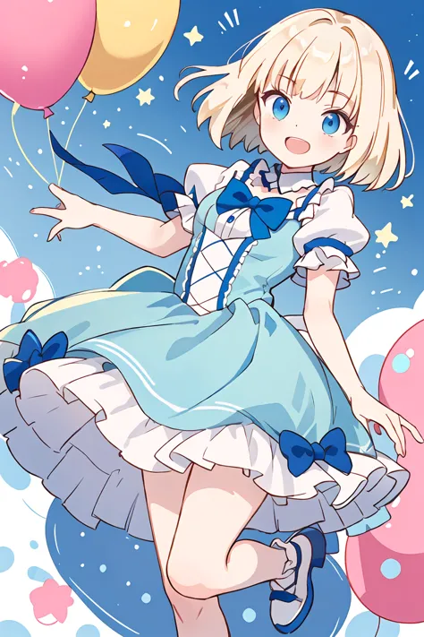 anime girl in a blue dress holding a bunch of balloons