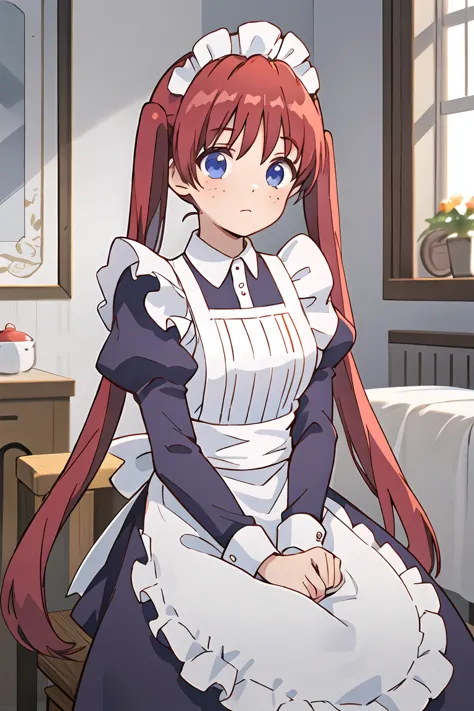 anime character sitting in a chair with a white apron on